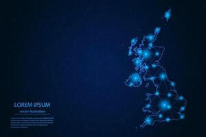 Abstract image United Kingdom map - With Blue Glow Dots And Lines On Dark Gradient Background, 3D Mesh Polygon Network Connection. vector