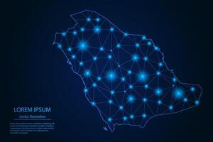 Abstract image Saudi Arabia map - With Blue Glow Dots And Lines On Dark Gradient Background, 3D Mesh Polygon Network Connection. vector