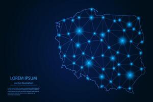 resumen imagen Polonia mapa - con azul resplandor puntos y líneas en oscuro degradado fondo, 3d malla polígono red conexión. vector