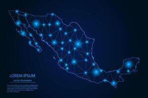resumen imagen mexico mapa - con azul resplandor puntos y líneas en oscuro degradado fondo, 3d malla polígono red conexión. vector