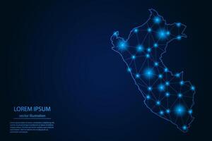 resumen imagen Perú mapa - con azul resplandor puntos y líneas en oscuro degradado fondo, 3d malla polígono red conexión. vector