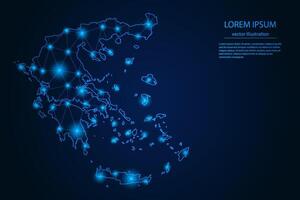 Abstract image Greece map - With Blue Glow Dots And Lines On Dark Gradient Background, 3D Mesh Polygon Network Connection. vector