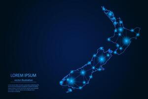 Abstract image New Zealand map - With Blue Glow Dots And Lines On Dark Gradient Background, 3D Mesh Polygon Network Connection. vector