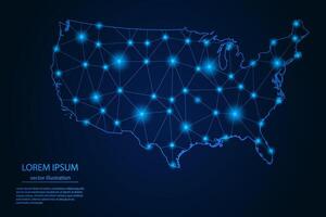 resumen imagen unido estados mapa - con azul resplandor puntos y líneas en oscuro degradado fondo, 3d malla polígono red conexión. vector