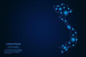 Abstract image Vietnam map - With Blue Glow Dots And Lines On Dark Gradient Background, 3D Mesh Polygon Network Connection. vector