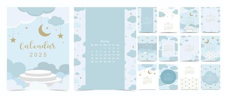 2025 table monthly calendar week start on Sunday with twinkle that use for vertical digital and printable A4 A5 size vector