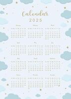2025 table monthly calendar week start on Sunday with twinkle that use for vertical digital and printable A4 A5 size vector