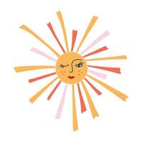 Sun symbol with face and rays. Colorful retro style print. Hand drawn flat style illustration isolated on transparent background. vector