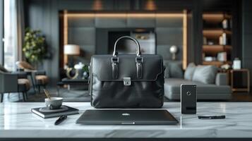 Business Accessories Black Leather Briefcase and Silver Laptop on Marble Surface photo