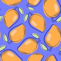 Mango seamless pattern in outline pattern. Hand drawn design for package, textile. illustration on a blue background. vector