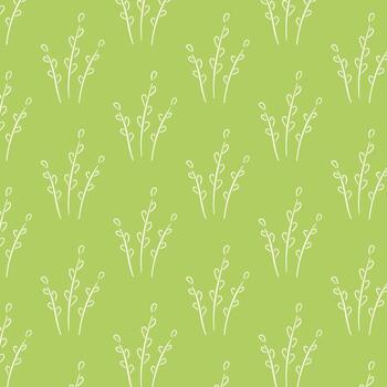 sencillo sauce sin costura modelo en línea Arte estilo. mano dibujado diseño paquete con silueta de blanco rama. ilustración en un verde antecedentes. vector