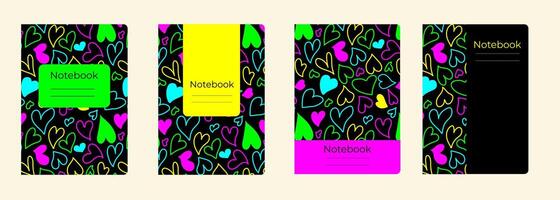 Set of cover designs for notebook, notepad, book, catalog with many hearts.Template for girl and school in colorful design. Vertical format A4,A5. vector