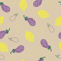 Seamless pattern with hand drawn lemon, eggplant on beige background in childrens naive style. vector