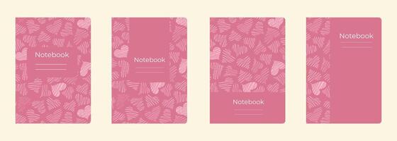 Set of cover designs for notebook, notepad, book, catalog with many hearts.Template for girl and school in pink and white colors. Vertical format A4,A5. vector