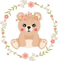 Funny teddy bear in the round frame with spring flowers vector
