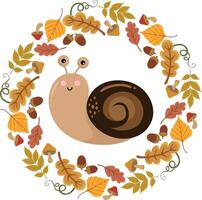 Cute snail in the round frame made of autumn leaves vector