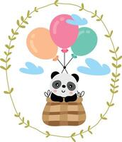 Illustration with panda flying in basket with balloons inside a oval leaves border vector