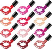 Set of lipstick and feminine lips with different colors vector