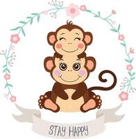 Stay happy flower wreath with mother and baby monkey vector