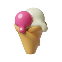 3D ice cream cone with scoops of pink melting ice cream in waffle cup vector