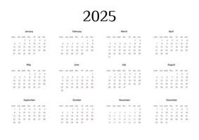 Calendar 2025, the beginning of the week Monday, , Layout of organizers with 12 months vector