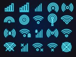 large set of wifi signal, connection, cell phone sigal, blue neon glow vector