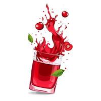 Splashes of red freshly and healthy cherry juice with fruit slices and green leaves. clipart in flat style with berry drink isolated on white background for card, banner, flyer, design vector