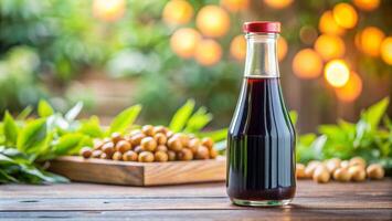 a bottle of soy sauce with nuts on a wooden table photo