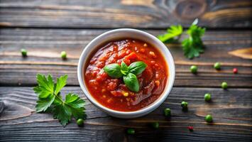 tomato sauce in a bowl on a wooden table photo