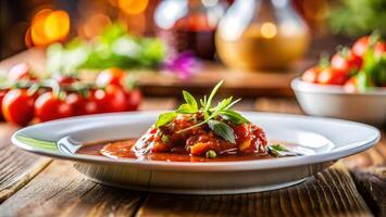 un plato de tomate salsa con vegetales y hierbas foto