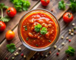 tomato sauce in a glass jar on a wooden table with tomatoes and herbs photo