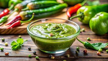 green salsa with peppers and herbs on a wooden table photo