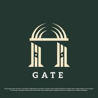 Ancient gate logo design illustration. Silhouette of old classy classic building residential fantasy heavenly architecture. Simple minimal classic vintage medieval geek greece abstract icon symbol. vector