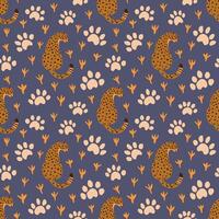 Graceful cheetahs seamless pattern and animal tracks for children's clothing, zoo animal tropical playroom decor vector