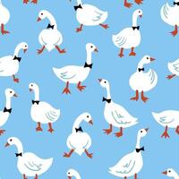 Cute design with white gentlemen geese with bow ties in funny poses for baby product. Texture for kids bedding, fabric, wallpaper, wrapping paper, textile, t-shirt vector