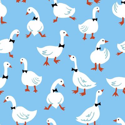 Cute design with white gentlemen geese with bow ties in funny poses for baby product. Texture for kids bedding, fabric, wallpaper, wrapping paper, textile, t-shirt