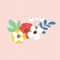 Hand drawn blooming colorful flower bouquet decoration with grid background on soft pink for textile, fabric, surface design, wrapping paper, wallpaper vector