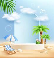 Summer podium display poster flyer design, coconut trees, pile of sand, coconut fruit, beach umbrella, on blue background vector