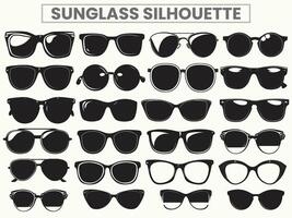 Stylish sunglasses silhouette set, perfect for summer sun protection. This fashionable set of eyewear features various sunglass designs, complete with plastic frames and sun-blocking lenses. vector