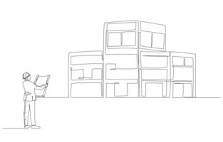 Continuous one line drawing of engineer holding blueprint looking at building, building structure inspection concept, single line art. vector