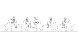 Continuous one line drawing of business people sitting and working on 5 stars, team working with quality concept, single line art. vector