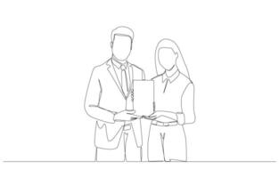 Continuous one line drawing of outstanding employee receive award plaque from manager, performance award ceremony concept, single line art. vector