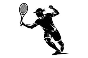 Tennis racket with ball. Icon of racquet for court. Logo of tennis rocket and ball isolated on white background. Sport equipment for game, match, competition. Silhouette for club of badminton. . vector