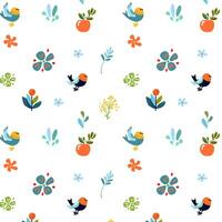 Seamless pattern of small simple birds, flowers, and red apples on white background for stationery, packaging, wallpaper and textiles vector
