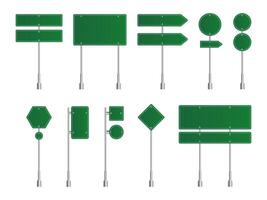 Green traffic signs. Road board text panel, mockup signage direction highway city signpost location street arrow way set vector