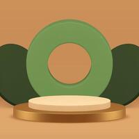 3d golden cylinder podium with green circle wall background for product show realistic vector