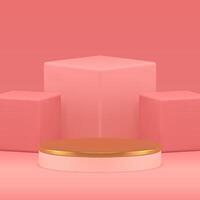 Premium 3d golden podium pedestal with pink cubes wall background for show realistic vector