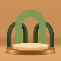 Luxury 3d golden podium pedestal with green arch wall background for presentation realistic vector