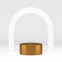 3d cylinder golden podium pedestal with white arch wall background realistic illustration vector