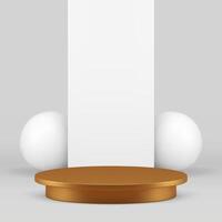 3d golden display podium with sphere and white wall background realistic illustration vector